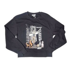 DKNY Black Sweater with Metallic Silver Brooklyn Bridge Dog Walker